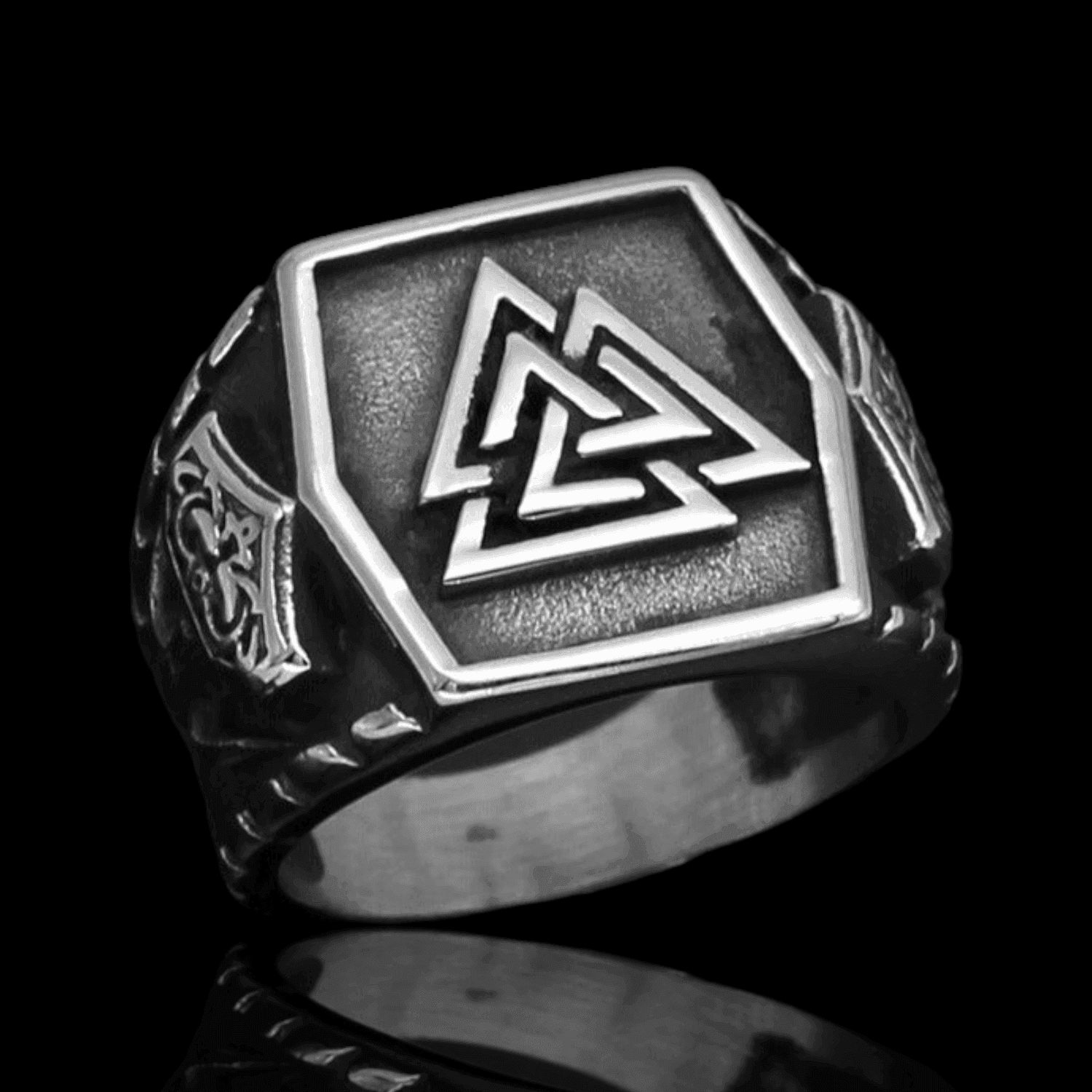Viking Triumph Triangle Rune Ring - Ancient Silver Titanium Steel ...