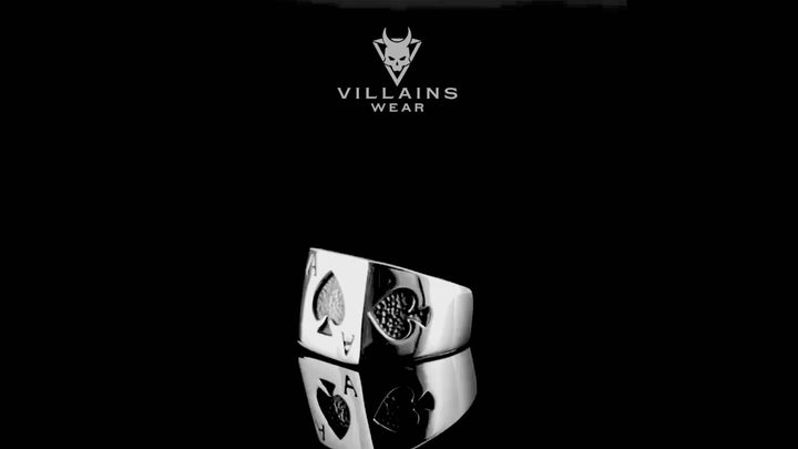 Ace of Spades Ring - A tactile view of the ring with the iconic playing card symbol. This alt text provides a detailed description for those with visual impairments, emphasizing the unique and stylish design of the accessory.